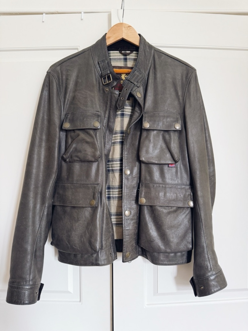 Belstaff Men’s Dark Grey/Brown Leather Bomber Jacket - Medium